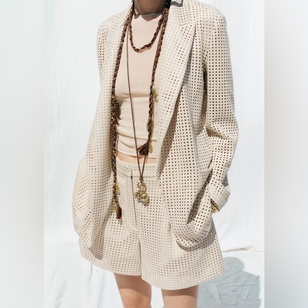 Zara NWT Faux Suede Perforated Women's Blazer  Medium 3296/924/712 Ecru